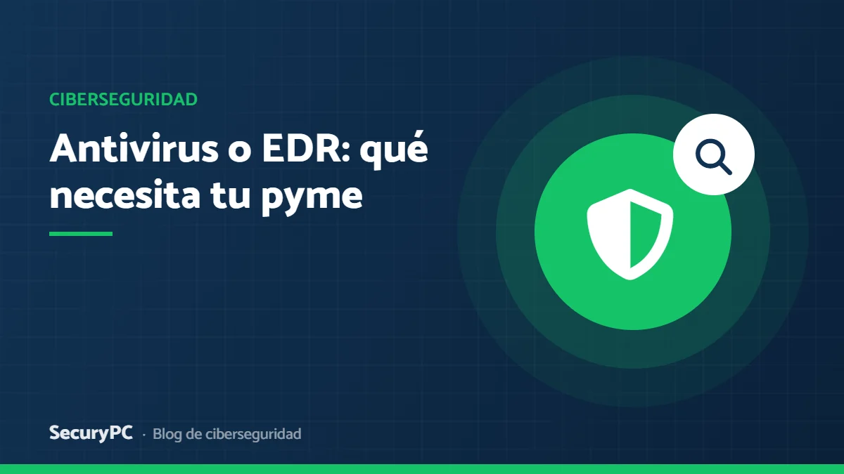 Ilustración de un escudo de ciberseguridad con una lupa: antivirus frente a EDR para pymes
